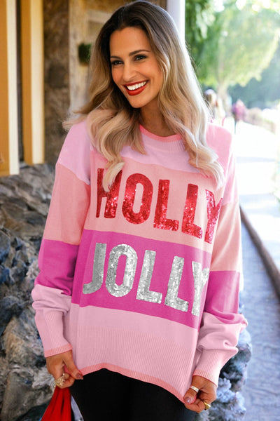 Cozy Women's Pink Sequined Color Block Crew Neck Sweater - Festive HOLLY JOLLY Style for Holiday Fashion