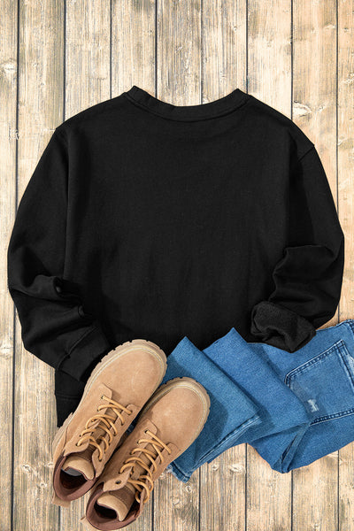 Women's Cozy Black Fleece-Lined Drop Shoulder Sweatshirt - Relaxed Fit Terry Fabric for Ultimate Comfort and Style