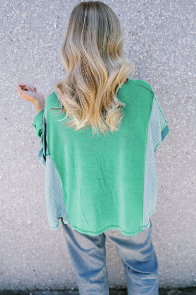 Women's Stylish Green Colorblock Long Sleeve Top with Button Closure & Stitching Detail - Casual Chic for Everyday Wear