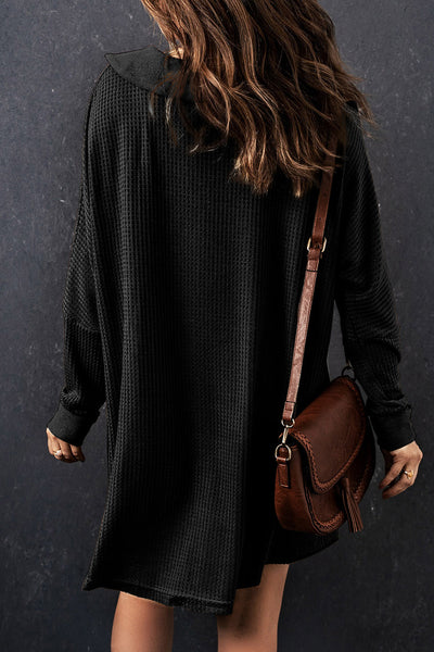 Casual Chic Women's Black Waffle Knit Long Sleeve Button-Up Top for Cozy Everyday Comfort and Effortless Style
