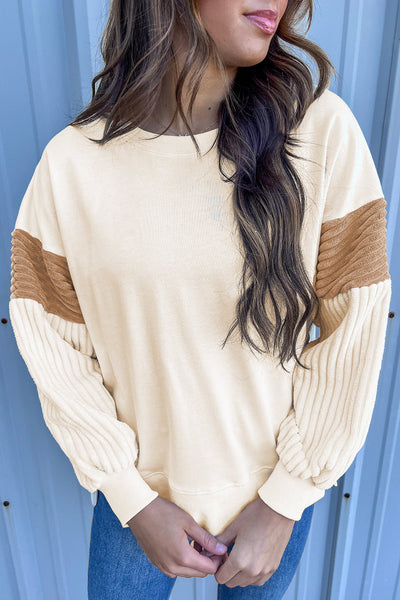 Cozy Women's Apricot Corduroy Patchwork Sweatshirt - Long Sleeve, Drop Shoulder, Perfect for Casual Everyday Style