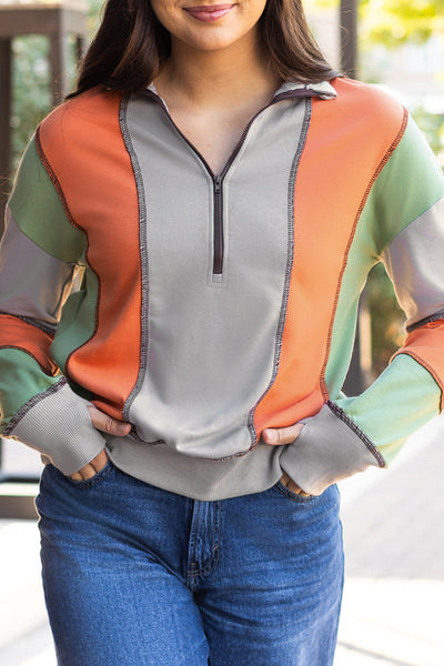 Women's Light Grey Color Block Half-Zip Sweatshirt with Stylish Stitching for Ultimate Casual Comfort