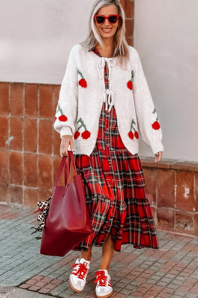 Stylish Women's Red Plaid Long Sleeve Ruffle Tiered Dress - Comfortable Casual Fashion for Everyday Wear