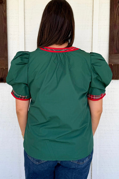 Plus Size Women's Blackish Green V-Neck Blouse with Contrast Trim & Short Bubble Sleeves for a Chic Look