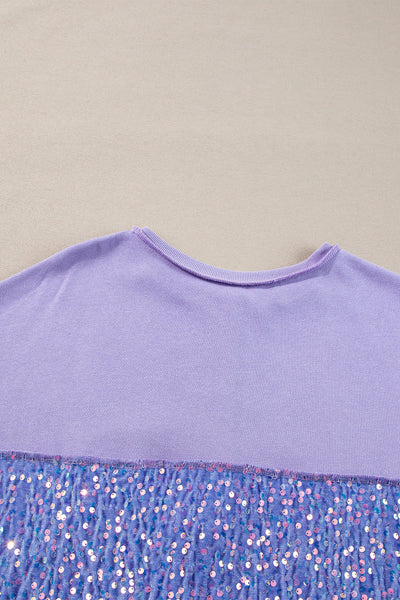 Women's Trendy Lilac Sequin Patchwork High Low Henley Sweatshirt - Stylish and Comfortable Pullover for Effortless Chic