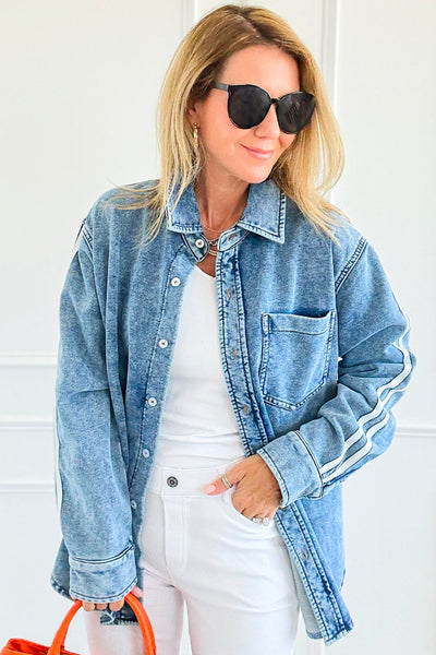 Stylish Women's Casual Blue Denim Jacket with Varsity Striped Sleeves and Button-Down Collar for Trendy Everyday Wear