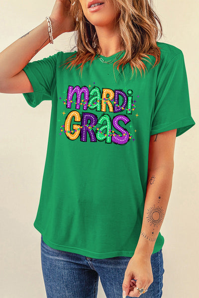 Women's Mardi Gras Festive Graphic Tee in Vibrant Green made for easy styling and wardrobe coordination, with premium-like structure and finish.