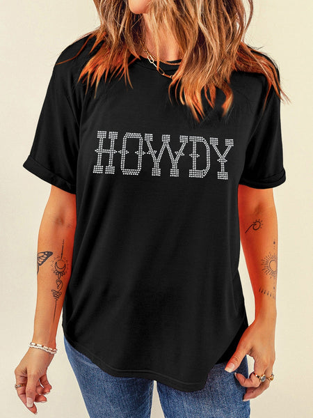 Women's HOWDY Black Rhinestone Embellished Slim Fit Tee