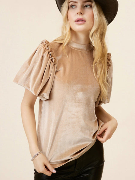 Romantic French Beige Ruffled Puff Sleeve Mock Neck Velvet Blouse