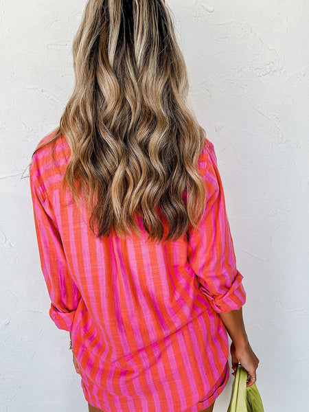 Orange Stripe Print Shirt and Shorts Lounge Set