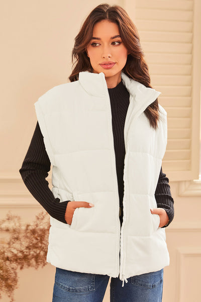 Cozy Women's Oversized Beige Puffer Vest with Zipper Neck - Stylish Cold Weather Outerwear for Ultimate Comfort