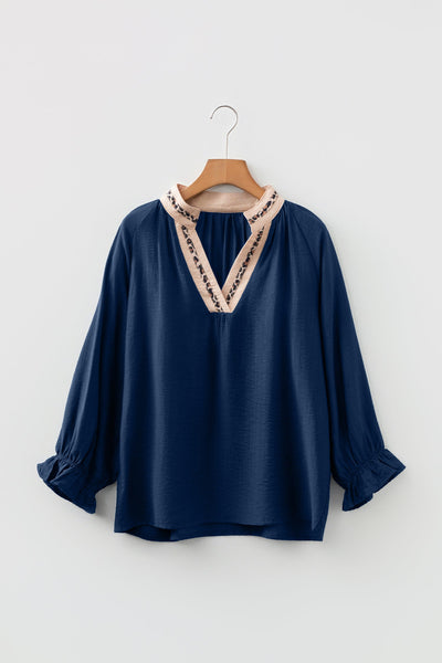 Women's Midnight Blue Leopard Trim V-Neck Flounce Sleeve Blouse