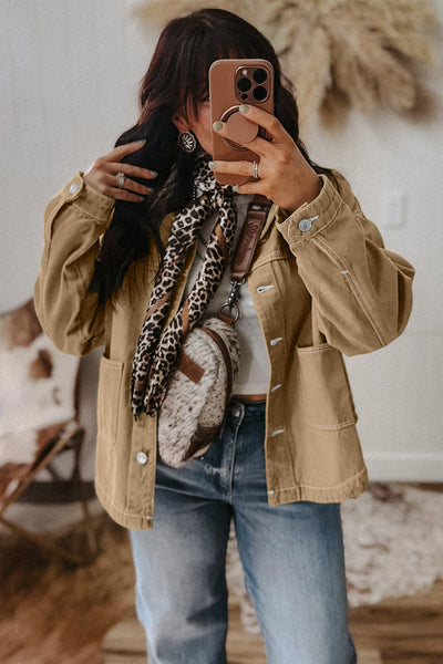 Chic Women's Parchment Boyfriend Denim Jacket with Patched Pockets and Button Front for Effortless Casual Style