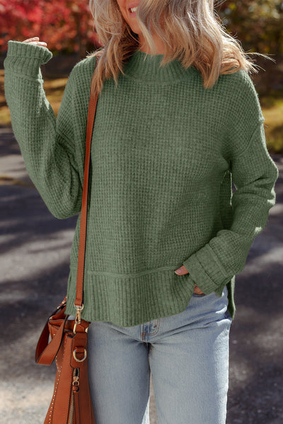 Women's Mist Green Waffle Knit High Neck Sweater