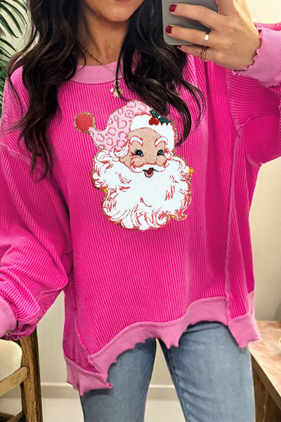 Women's Pink Festive Santa Patch Ribbed Long Sleeve Graphic Top