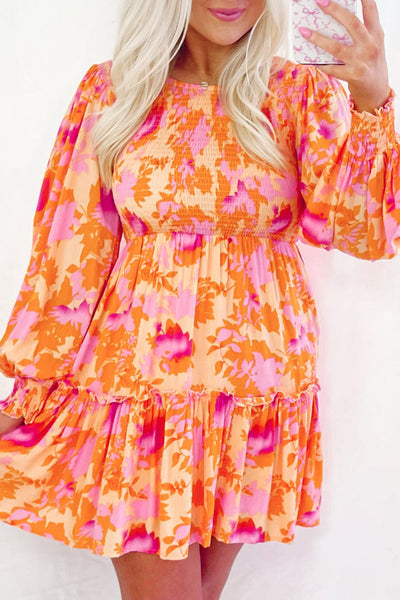 Trendy Women's Orange Abstract Print Ruffle Mini Dress with Smocked Lantern Sleeves for Summer Fashion