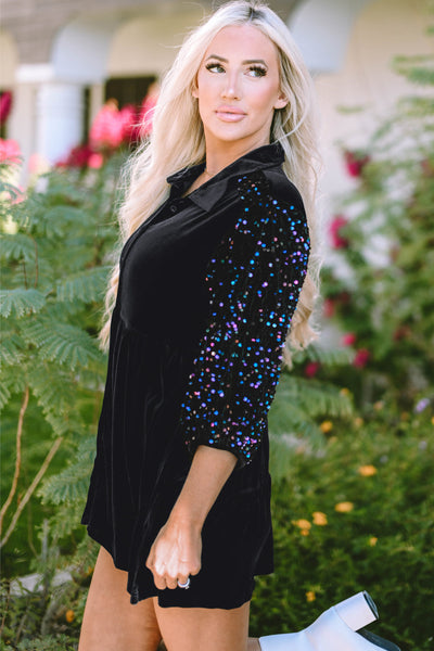 Chic Women's Black Velvet Peplum Blouse with Sequin Puff Sleeves Stylish Button-Up Top for Special Events