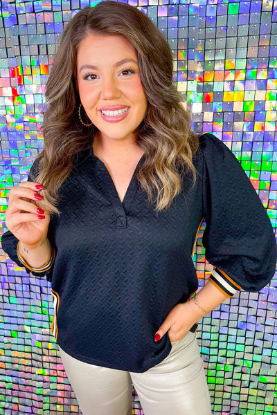 Plus Size Women's Stylish Black Colorblock Striped Blouse with Puff Sleeves and Textured Fabric for Trendy Looks
