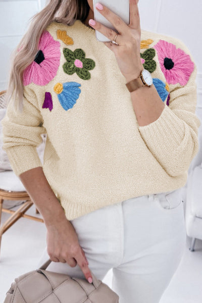 Cozy Women's Beige Knitted Floral Sweater with Ribbed Edges for Chic Autumn Style and Comfortable Fit