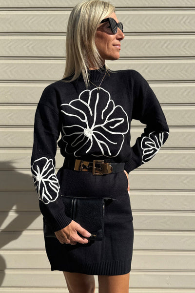 Chic Women's Black Floral Embroidered Mock Neck Mini Dress - Effortless Fall Style for Trendy Casual Looks