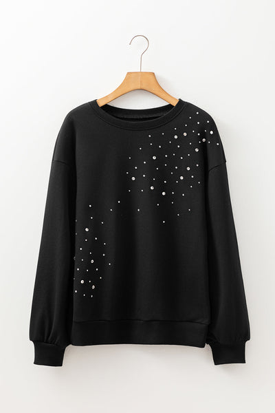 Chic Women's Black Rhinestone Pullover Sweatshirt - Sparkling Casual Style for Effortless Comfort and Trendy Looks