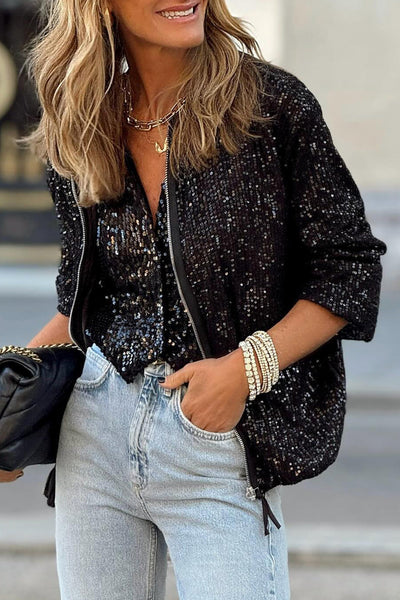 Chic Women's Black Sequin Zip-Up Jacket with Round Neck and Long Sleeves for Glamorous Night Out Fashion