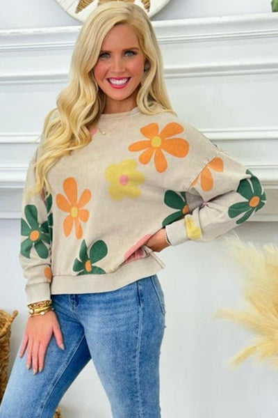 Trendy Women's Khaki Mineral Wash Sweatshirt with Floral Print and Drop Shoulders for Effortless Casual Style