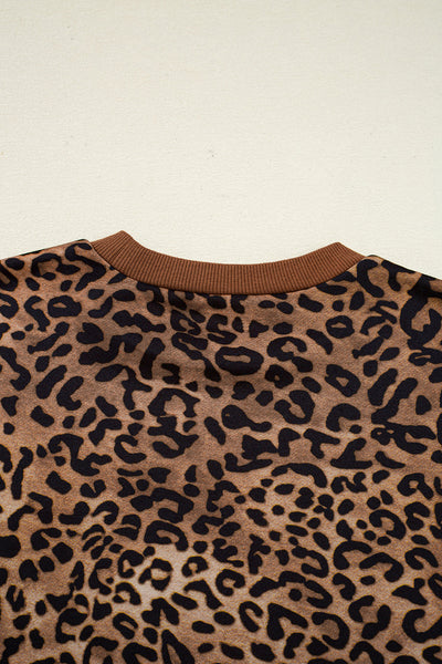 Stylish Women's Coffee Leopard Print Long Sleeve Top and Pants Set - Cozy Contrast Trim Loungewear Ensemble
