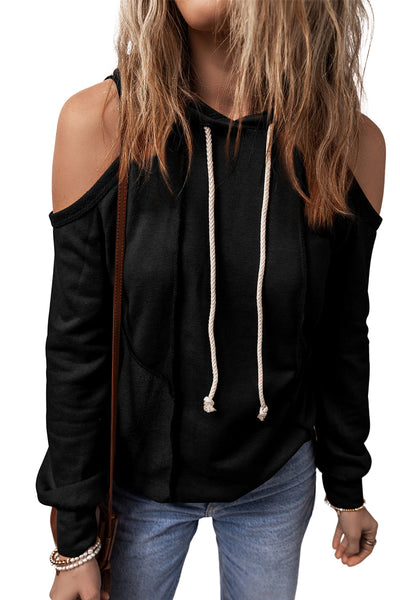 Trendy Women's Black Cold Shoulder Hoodie with Exposed Seams & Adjustable Drawstring for Casual Chic Comfort