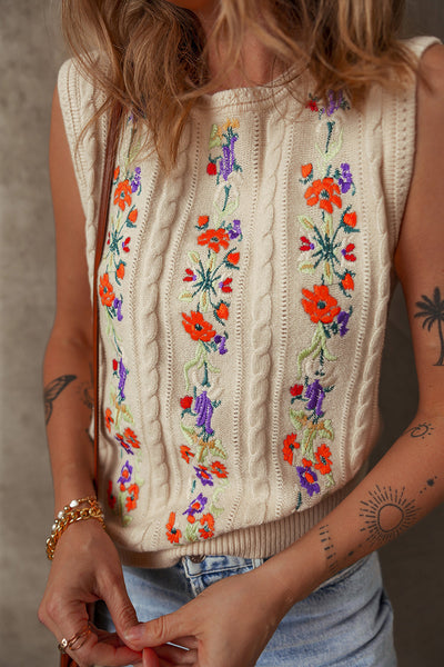 Cozy Women's Floral Embroidered Cable Knit Sweater Vest in Jet Stream - Ideal for Layering and Fall Styles