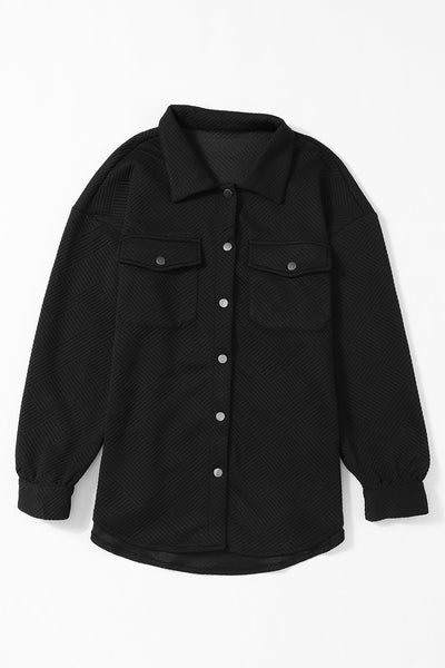 Trendy Women's Black Textured Flap Pocket Shacket - Stylish Button-Up Layer for Fall Fashion and Cozy Outfits