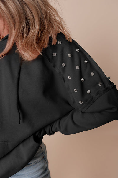 Chic Women's Black Raglan Hoodie with Pocket - Trendy Rivet-Studded Comfortable Casual Wear for Everyday Style