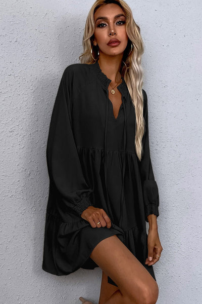 Chic Women's Black Tie Puff Sleeve Dress with Ruffle Hem & Smocked Detail for Effortless Elegance and Comfort