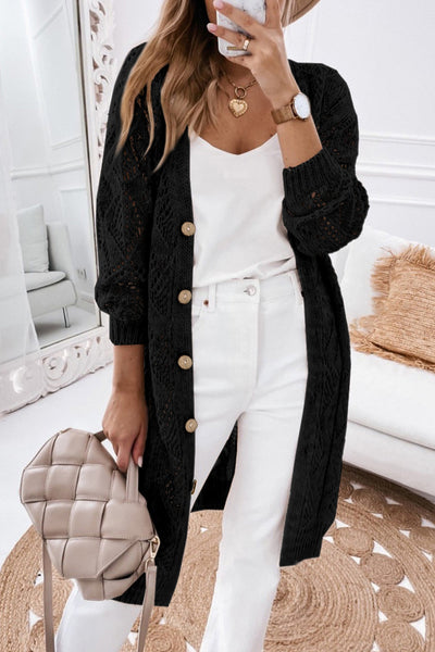 Chic Women's Black Hollow-Out Knit Cardigan for Stylish Layering - Lightweight, Openwork Design, Perfect for All Seasons
