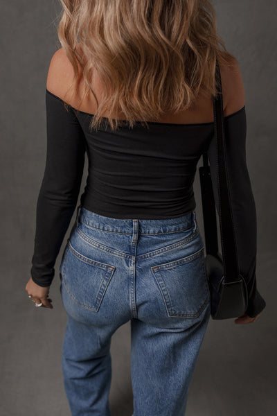 Chic Black Off-the-Shoulder Long Sleeve Tee for Women - Effortless Casual Style and Comfort in Any Wardrobe