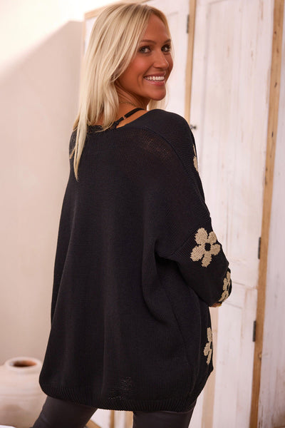 Women's Cozy Black Floral Print Knitted Cardigan - Open Front, Loose Fit for Casual Outings and Layering