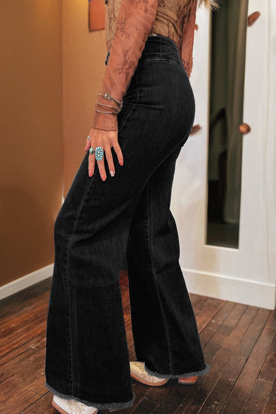 Trendy Women's Black High-Waisted Flare Jeans with Button Fly & Raw Hem - Stylish Everyday Fit for Effortless Chic