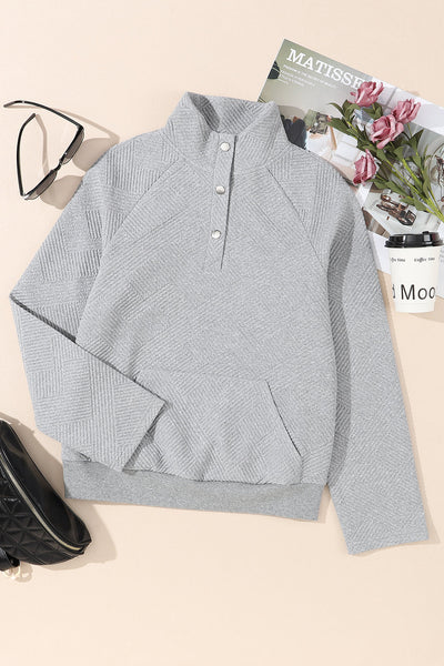 Cozy Women's Light Grey Textured Knit Sweatshirt with Buttoned Detail & Kangaroo Pocket for Casual Chic Style