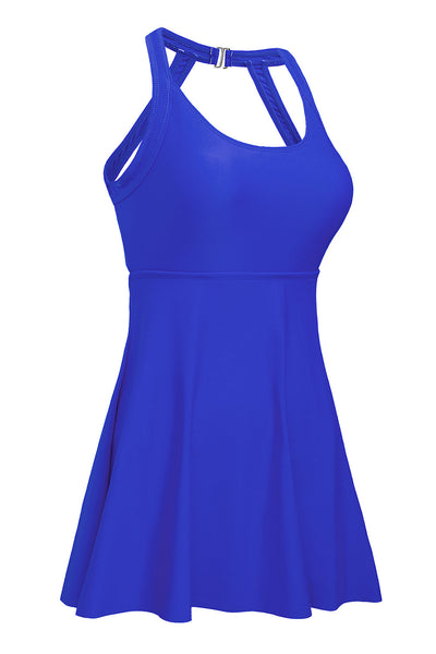 Blue Halterneck Skirted One Piece Swimsuit with Strappy Detail