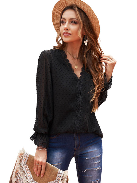 Chic Lace Panel Long Sleeve Blouse