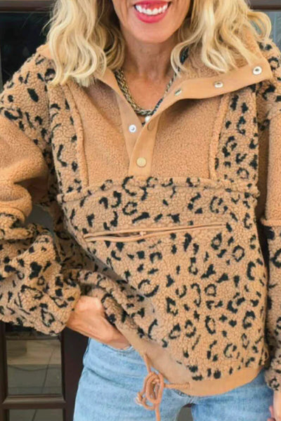 Cozy Women's Khaki Sherpa Leopard Color Block Pullover Sweatshirt - Stylish Casual Wear for Everyday Comfort