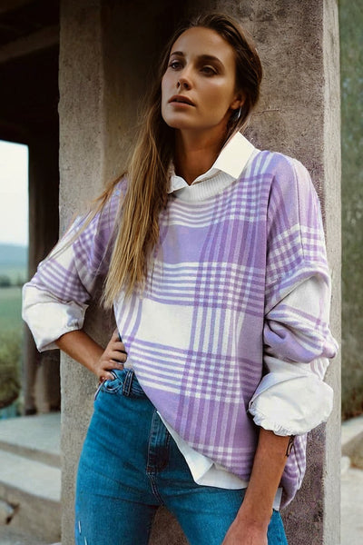 Chic Women's Cozy Lilac Plaid Sweater with Ribbed Trim - Stylish Loose Knitwear for Effortless Casual Looks