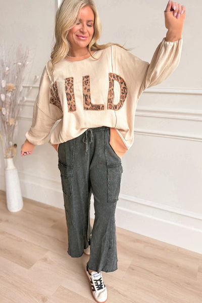 Trendy Women's Oversized Apricot Leopard Print Sweatshirt with Stylish Letter Stitching and Raw Seam Design
