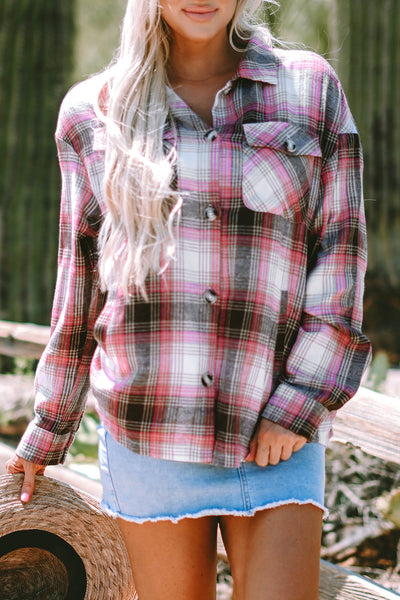 Trendy Women's Pink Plaid Shacket with Flap Pockets - Stylish Layering Top for Casual Chic Outfits