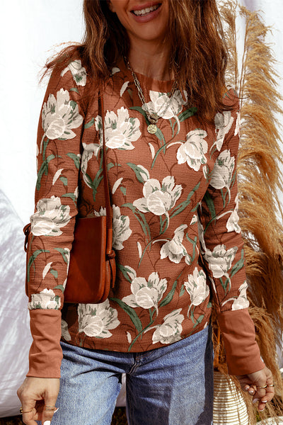 Women's Waffle Texture Khaki Floral Print Long Sleeve Top - Chic Casual Style for All Seasons