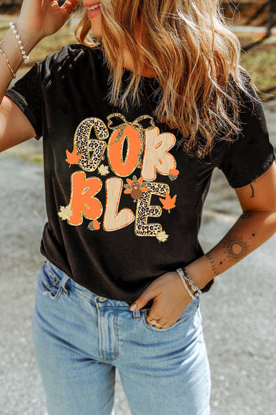 Women's Black Gobble Leopard Print Holiday Graphic Tee
