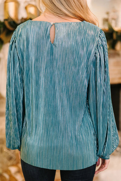 Elegant Women's Lapis Metallic Pleated Blouse with Keyhole Back & Long Puff Sleeves - Chic Style for Any Occasion