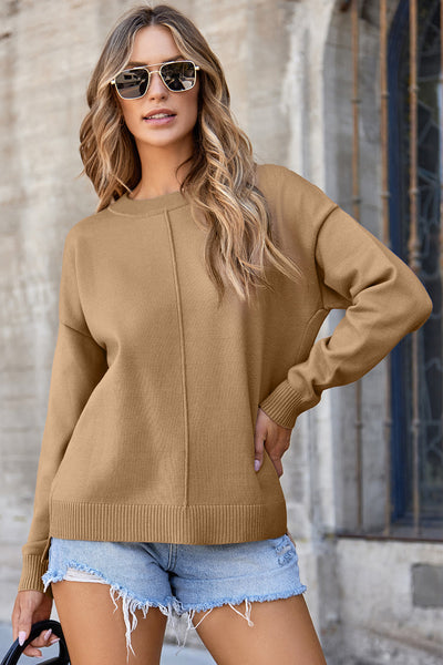 Women's French Beige Drop Shoulder Pullover with Vertical Seam Detail