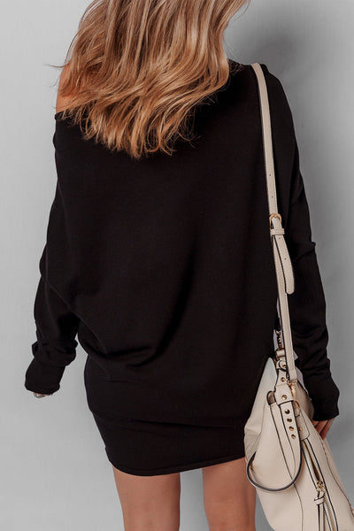 Trendy Women's Black Asymmetric Batwing Sleeve Mini Sweater Dress Effortless Chic Style for Any Occasion