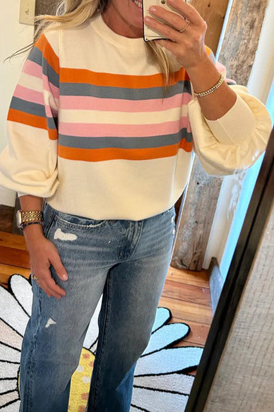 Women's Beige Striped Puff Sleeve Sweatshirt for Women - Trendy Casual Pullover Top for Stylish Everyday Comfort